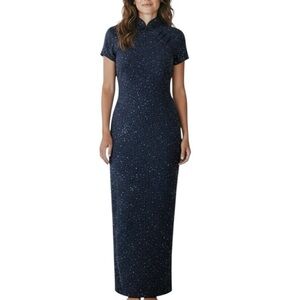 Vintage David Warren Navy Blue Glitter Stretch Maxi Dress | Size 14